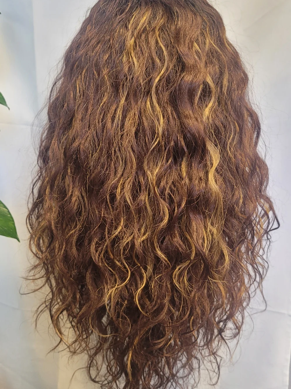Realistic Synthetic Curly Lace-Front in Brown with Honey Blonde Highlights